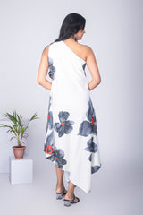 Floral Print One Shoulder Midi Dress - White