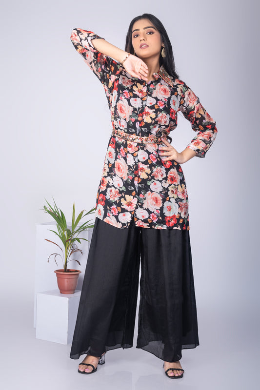 Floral Print Tunic with Pants - Black