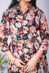 Floral Print Tunic with Pants - Black