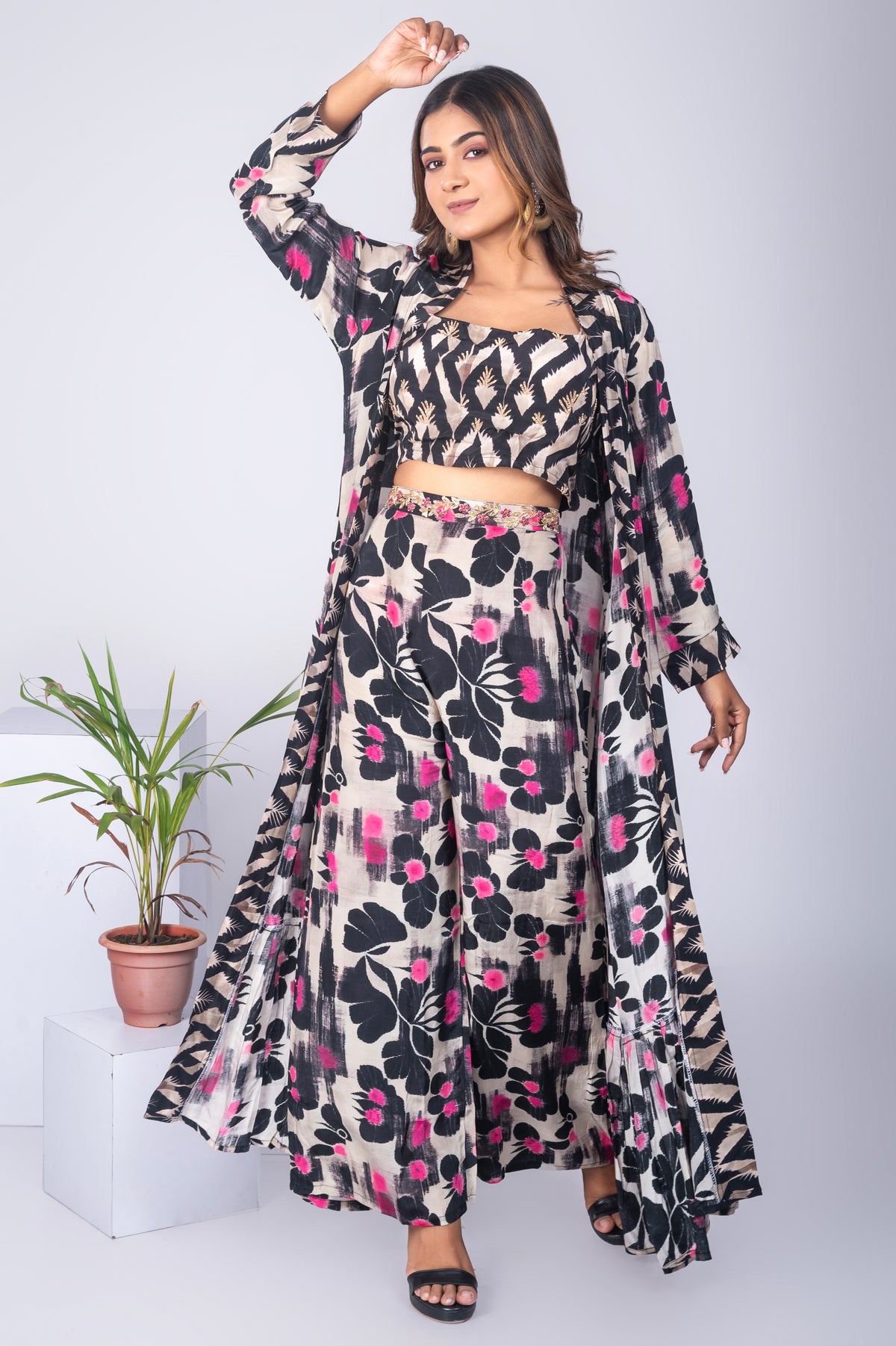 Floral Print Cape & Crop Top Co-ord Set - Multi-Colour