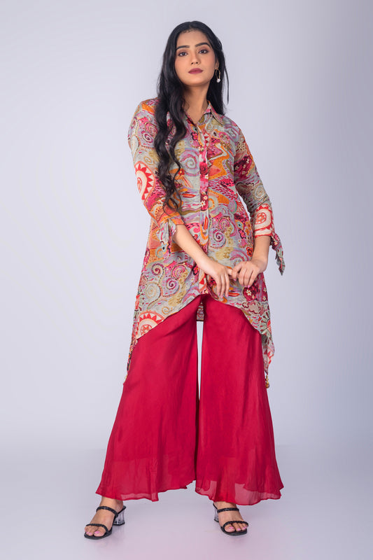Floral Abstract Print Top with Sharara Pants - Multi Colour