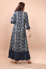 Ethnic Print Gown with Gathers - Prussian Blue
