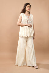 Embroidered Top with Schiffli Flared Jacket & Sharara Pant – Ivory White