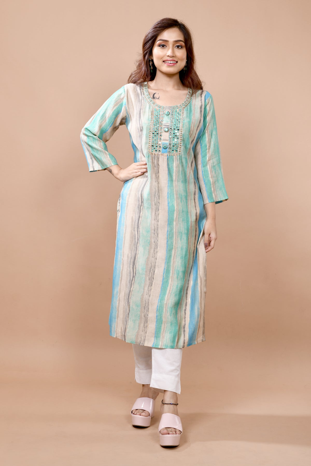 Tie-Dye Stripe Print Kurta -Teal Green