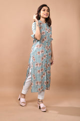 Floral Print Kurta with Embroidered Sleeves - Powder Blue