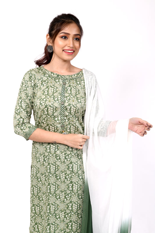 Floral Print Kurta with Pants & Ombre Dupatta – Cactus Green