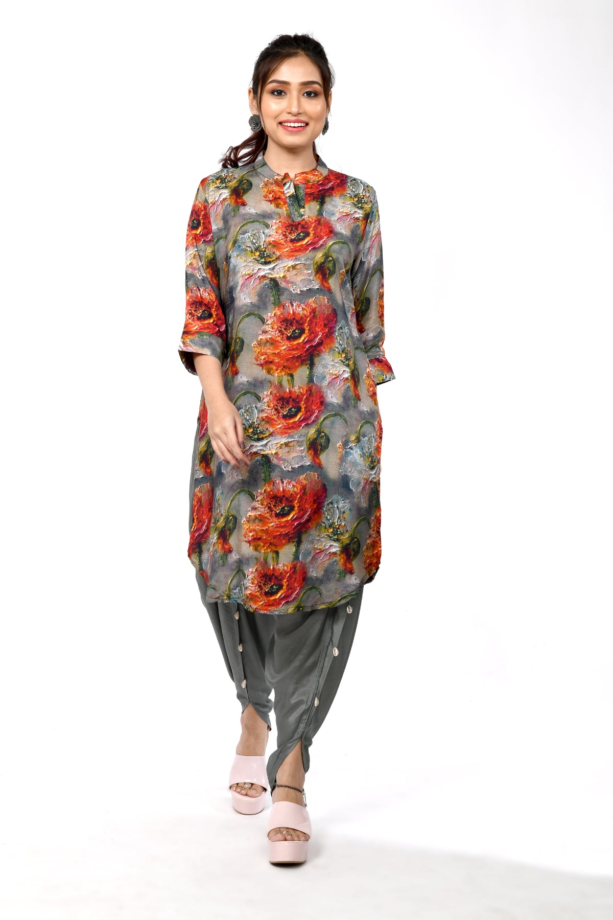 Floral Print Kurti with Dhoti Style Pant – Steel Grey