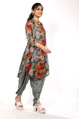 Floral Print Kurti with Dhoti Style Pant – Steel Grey