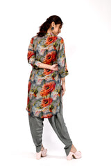 Floral Print Kurti with Dhoti Style Pant – Steel Grey