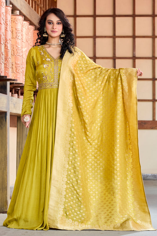 Embroidery Gown with Dupatta-Lemon Green