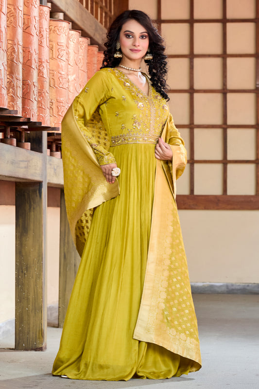 Embroidery Gown with Dupatta-Lemon Green