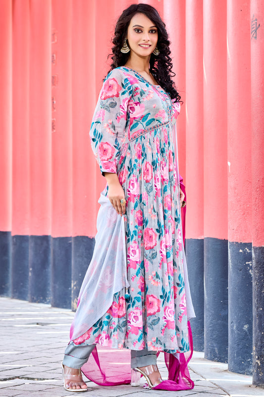 Floral Printed Suit with Dupatta & Pant-Grey