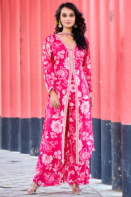 Floral Print Co-Ord with Dupatta- Pink