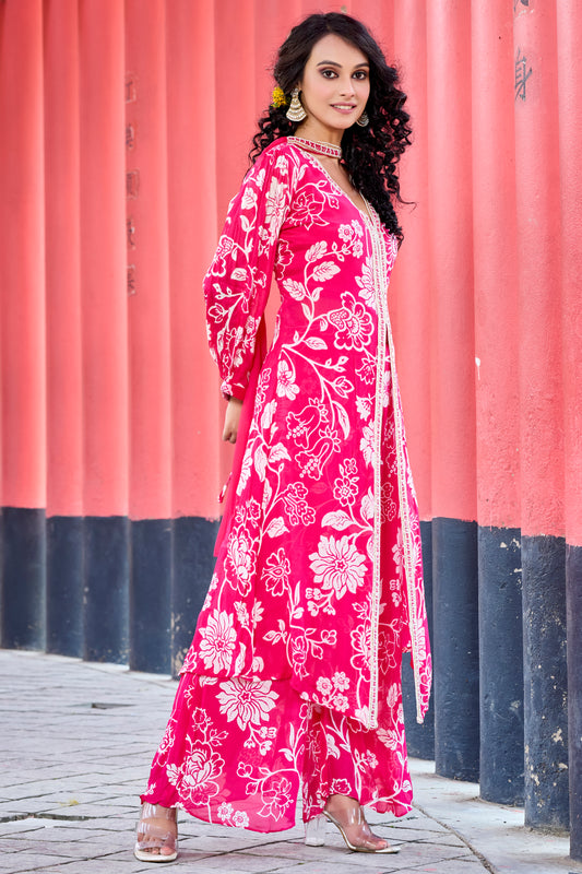 Floral Print Co-Ord with Dupatta- Pink