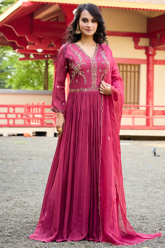 Embroidered Gown with Dupatta- Magenta
