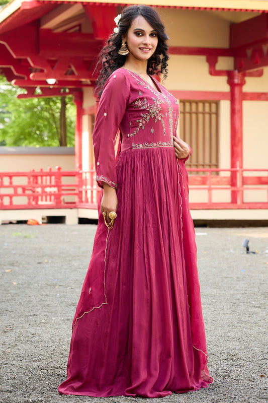 Embroidered Gown with Dupatta- Magenta