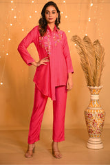 Abstract Bead Embroidered Shirt with Pants - Warm Pink