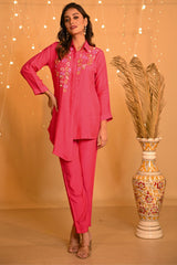 Abstract Bead Embroidered Shirt with Pants - Warm Pink