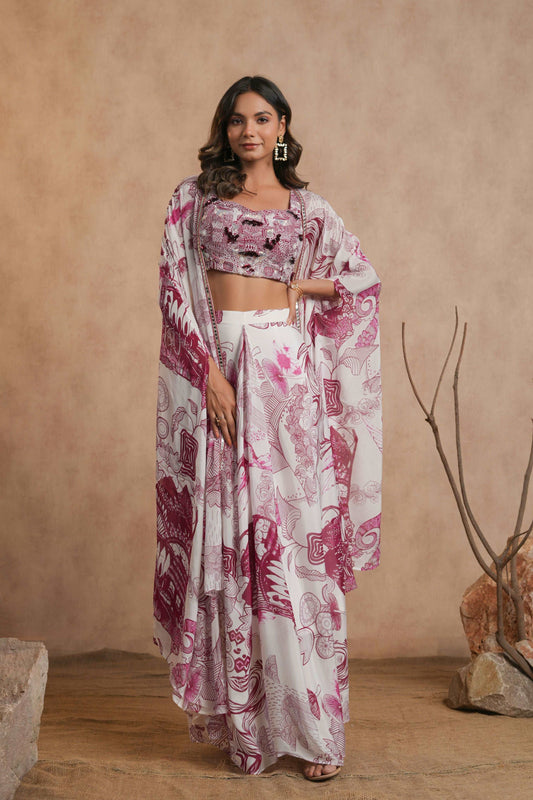Abstract Print Crop Top, Cape & Skirt Co-ord Set - Magenta & White
