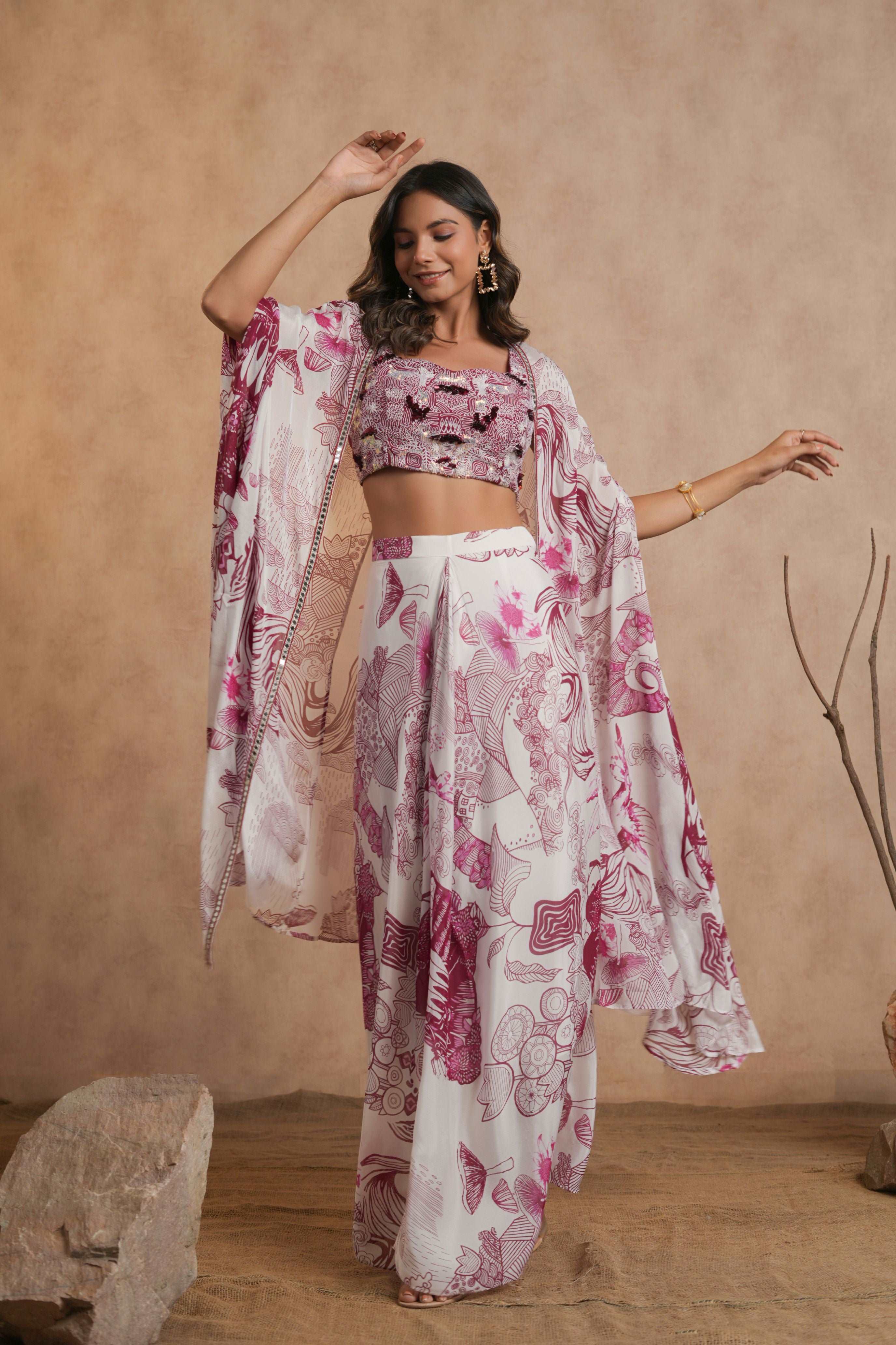 Abstract Print Crop Top, Cape & Skirt Co-ord Set - Magenta & White