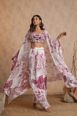 Abstract Print Crop Top, Cape & Skirt Co-ord Set - Magenta & White
