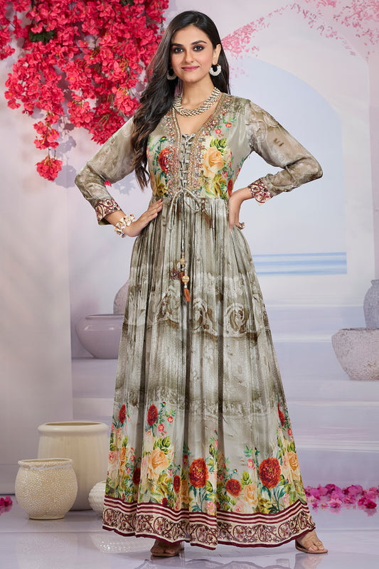 Floral Print Embroidered Gown-Grey