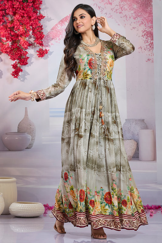 Floral Print Embroidered Gown-Grey