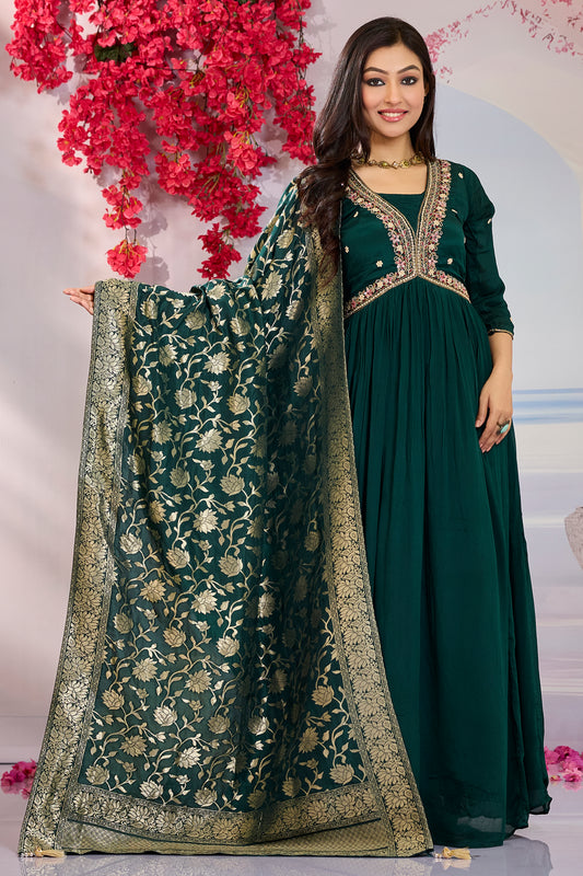 Ethnic Gown with Dupatta-Dark Green