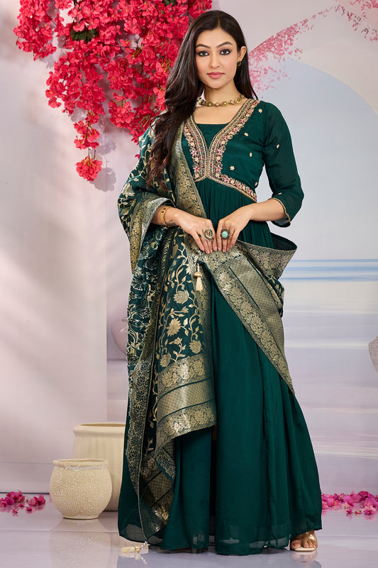 Ethnic Gown with Dupatta-Dark Green