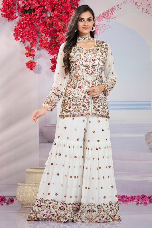 Embroidery Ethnic Top with Gharara Pant & Dupatta-White