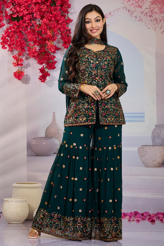 Embroidery Ethnic Top with Gharara Pant & Dupatta-Green