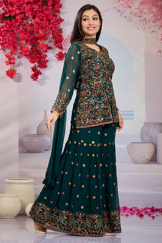Embroidery Ethnic Top with Gharara Pant & Dupatta-Green