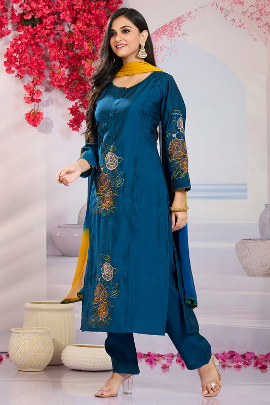 Floral Embridered Kurti with Pant & Dupatta-Royal Blue