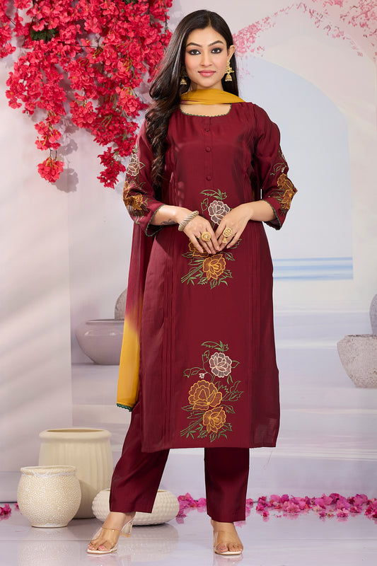 Floral Embridered Kurti with Pant & Dupatta-Maroon