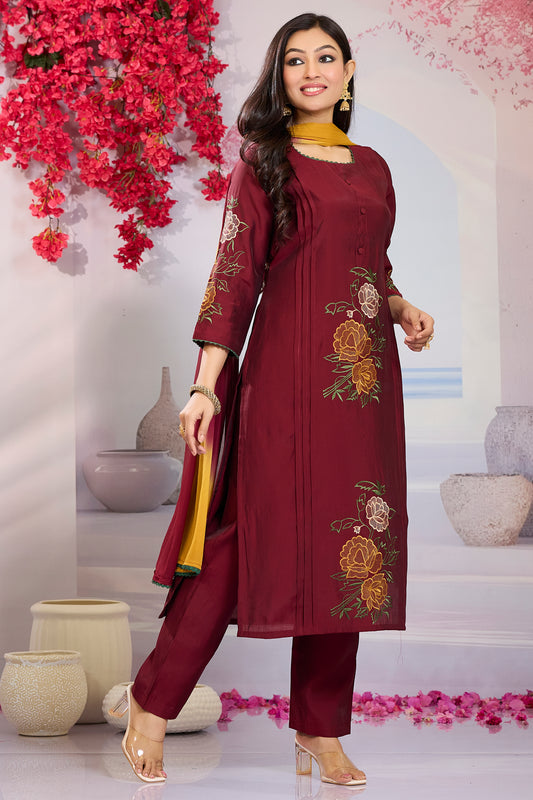 Floral Embridered Kurti with Pant & Dupatta-Maroon