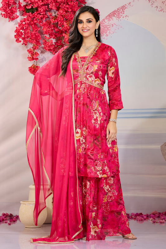 Alia  Embroidered Suit with Palazzo & Dupatta-Ruby Red