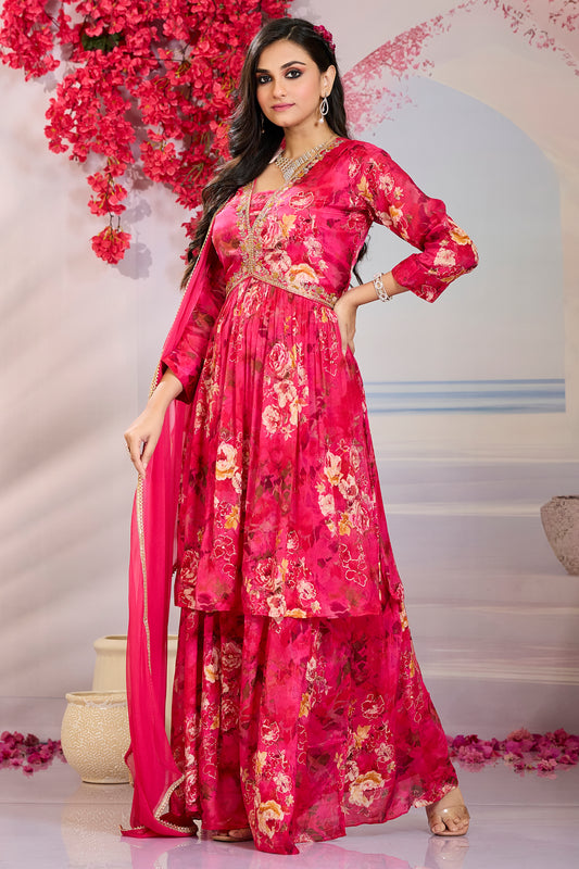 Alia  Embroidered Suit with Palazzo & Dupatta-Ruby Red