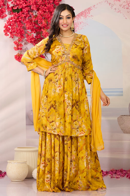 Alia  Embroidered Suit with Palazzo & Dupatta-Yellow
