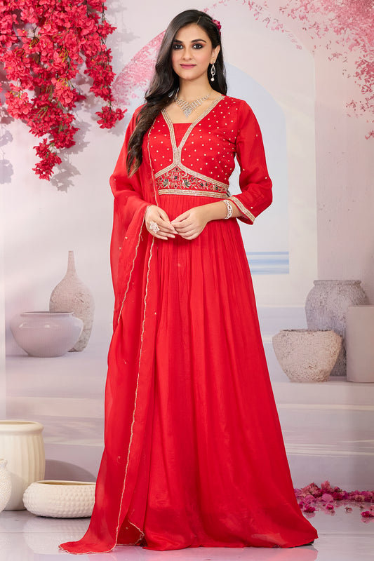 Ethnic Gown with Dupatta-Red
