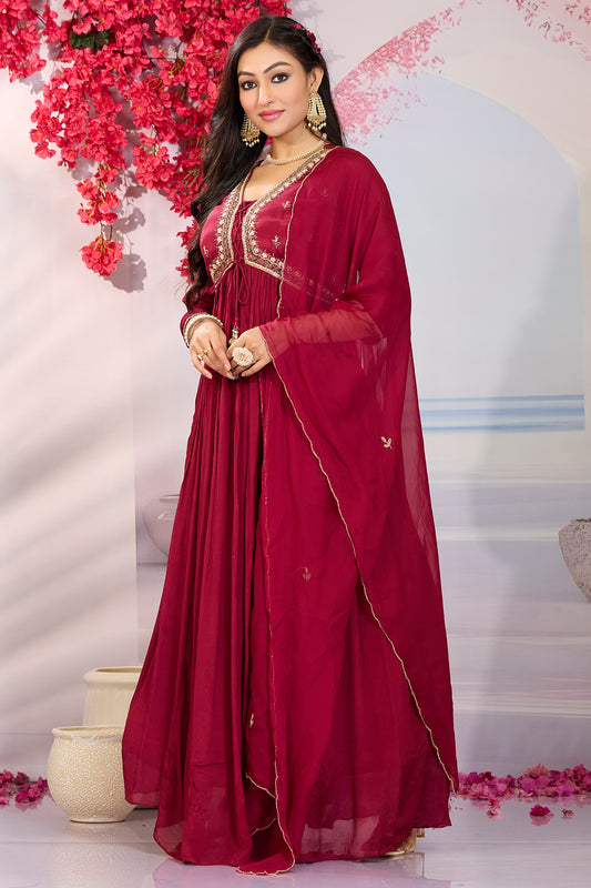 Alia Cut Embroidered Gown with Dupatta-Bright Maroon