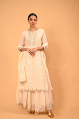 Zari Embroidery Kurta and Tiered Skirt with Dupatta – Ivory