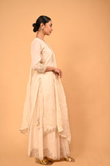 Zari Embroidery Kurta and Tiered Skirt with Dupatta – Ivory