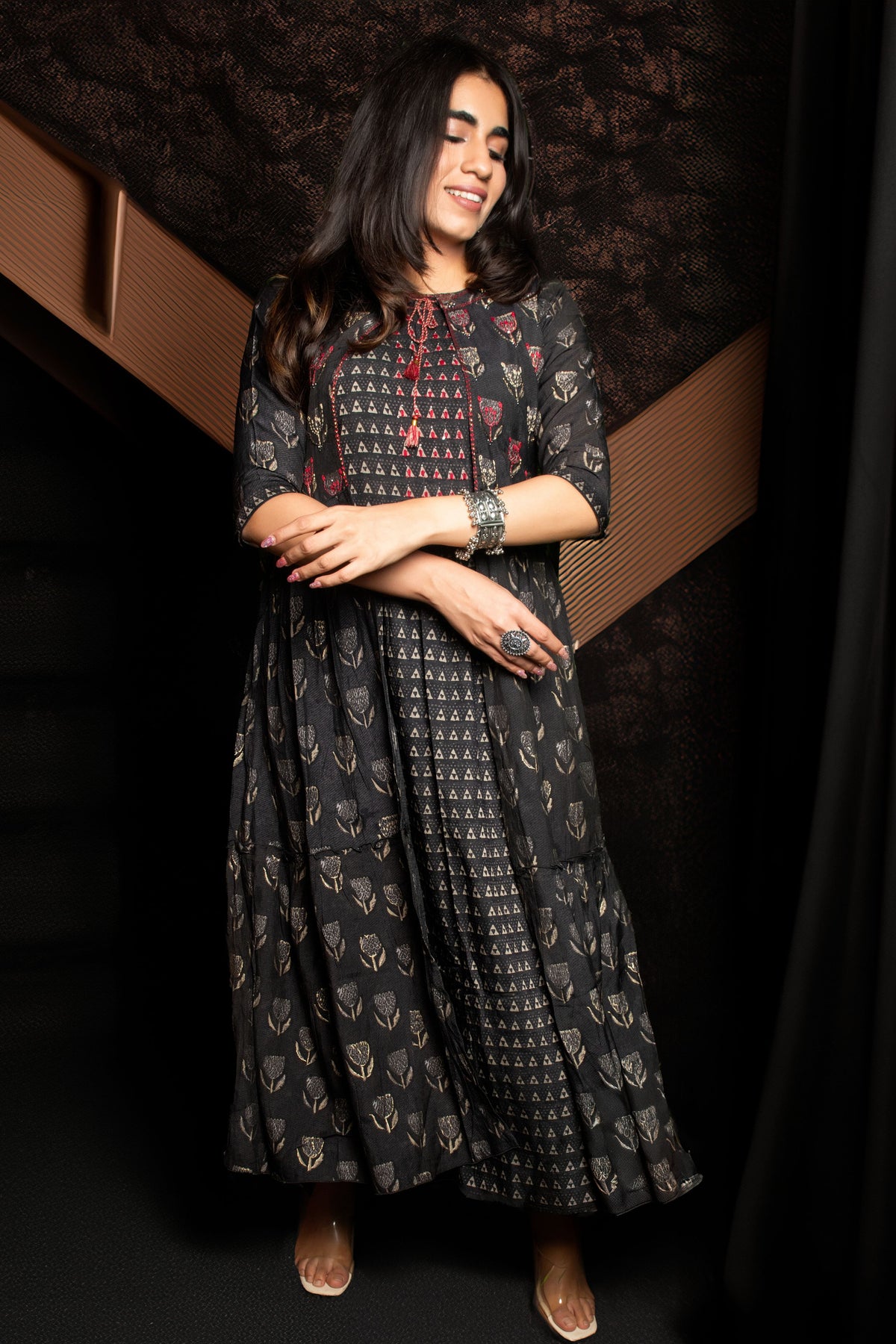 Floral Print Kurti Dress- Charcoal Grey