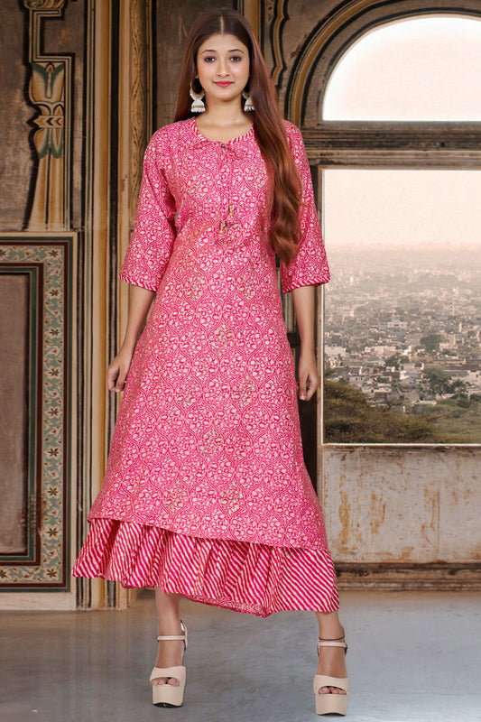 Ogee Print Kurti Gown- Cranberry Pink