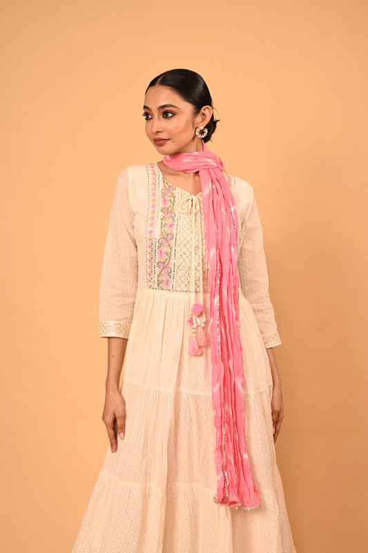 Tiered Embroidered Gown with Leheriya Dupatta - White