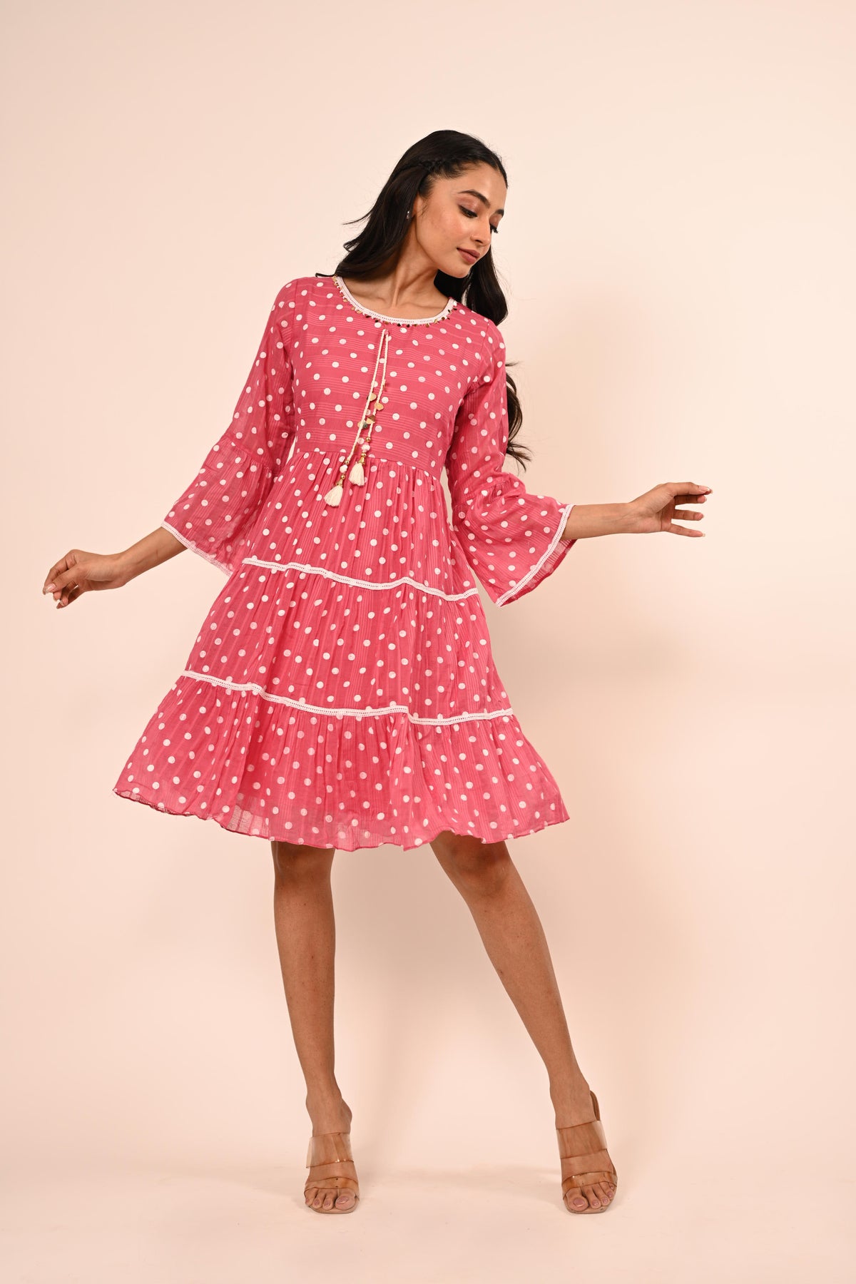 Polka Dot Tiered Dress with Frilled Sleeves – Cranberry Pink