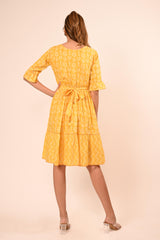 Ethnic Print Tiered Dress with Frilled Sleeves