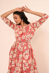 Floral Digital Print Gown with Waist Belt - Coral red
