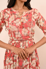 Floral Digital Print Gown with Waist Belt - Coral red