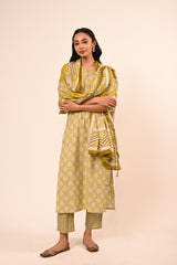 Ethnic Print Embroidered Kurta with Straight Pants & Dupatta – Satin Sheen Gold